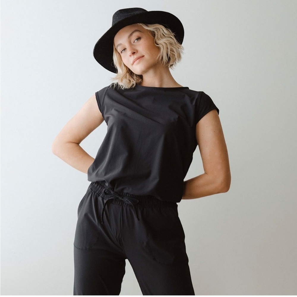 Albion Black Cap-Sleeve Jumpsuit with Drawstring Waist